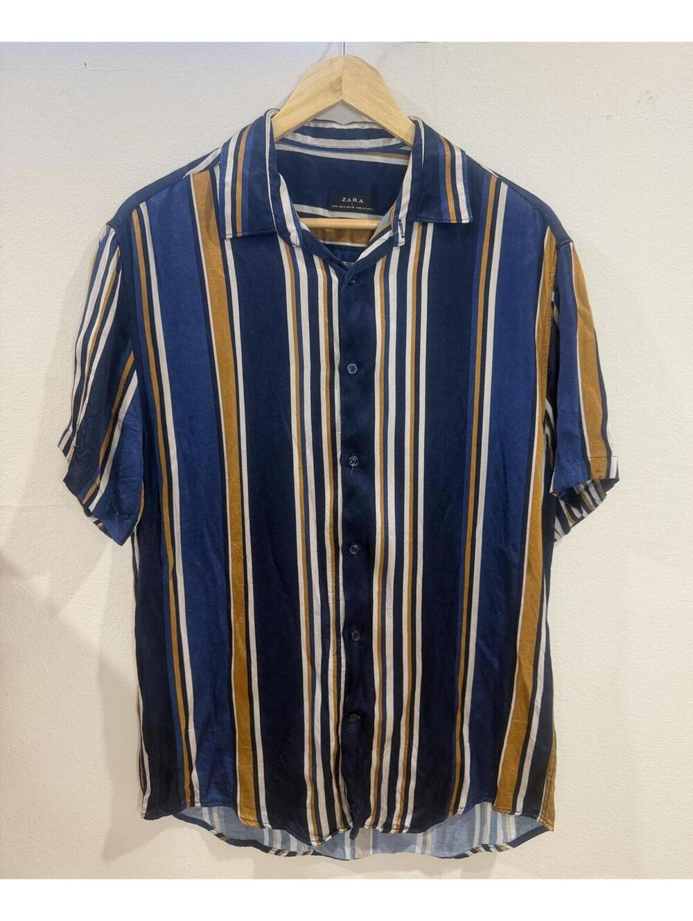 Zara Navy and Mustard Striped Shirt